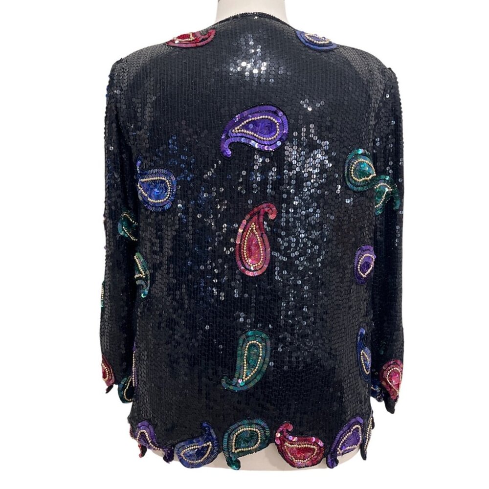 Vintage Scala Sequin Silk Jacket Paisley Beaded Black Purple Pink Blazer Size 2X - Picture 7 of 10